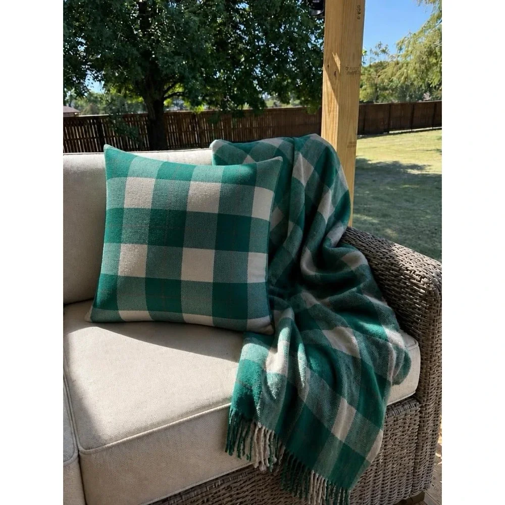 Joann's Throw Blanket Pillow Set OS Green Cream Buffalo Check Plaid 4